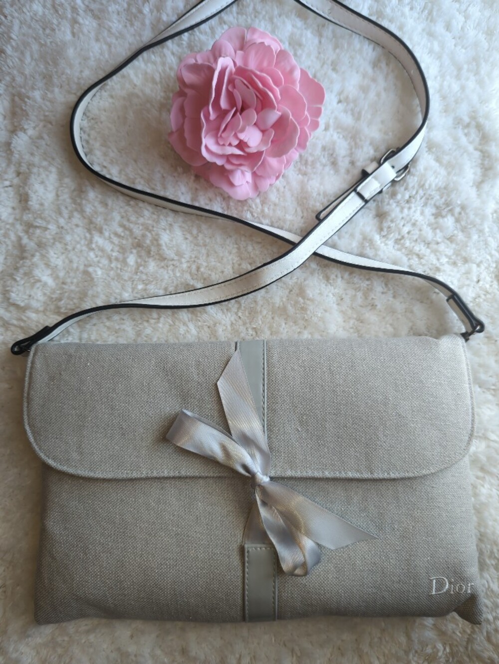 Dior Light Gray And Shimmer Canvas Crossbody Pouch White Strap and Silver Bow